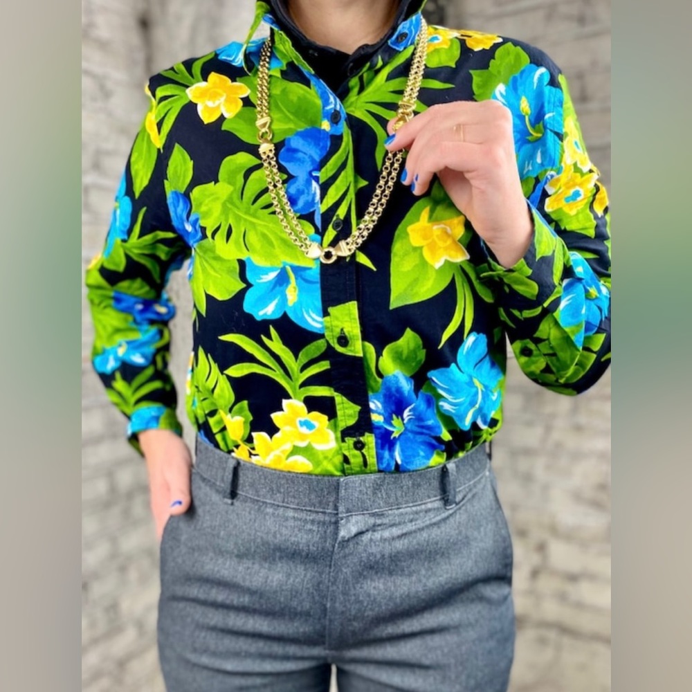 Vintage Tropical Print Button Up Shirt